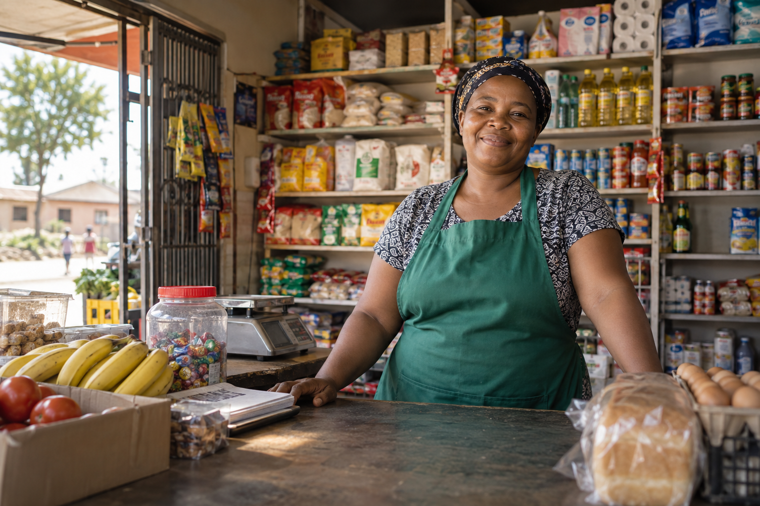 Illustration of an independent neighbourhood shop owner in a stocked spaza shop